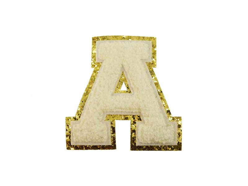 opstrijk letter A badstof off-white met gouden rand  8 x 8 cm
