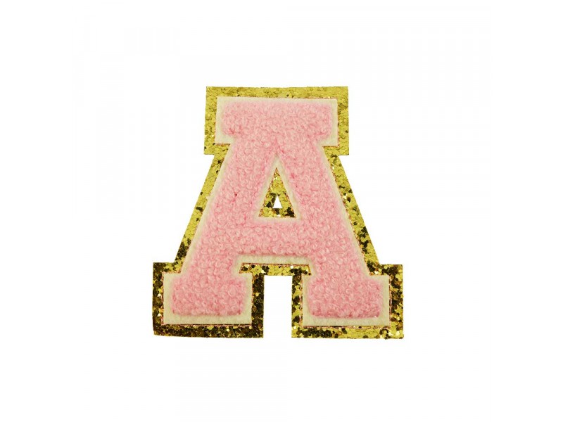 opstrijk letter A badstof roze met gouden rand  8 x 8 cm