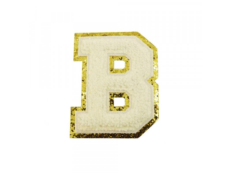 opstrijk letter B badstof off-white met goud glitter rand  8 x 8 cm
