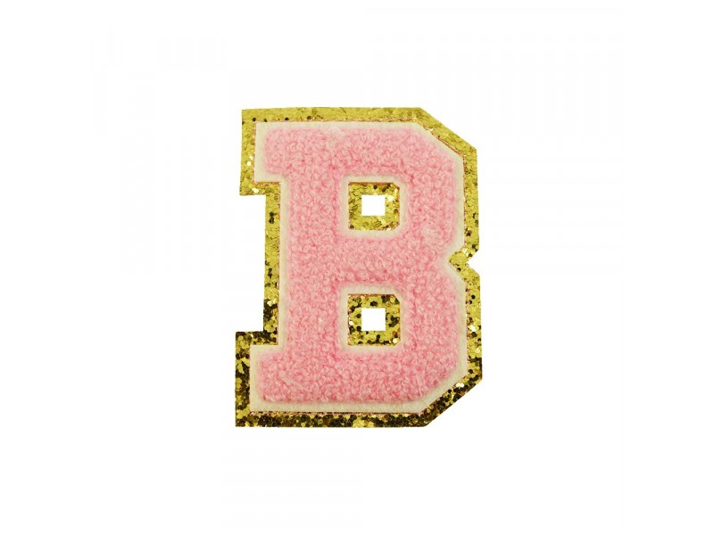 opstrijk letter B badstof roze met gouden rand  8 x 8 cm