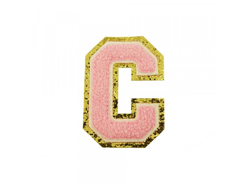 opstrijk letter C badstof roze met gouden rand  8 x 8 cm