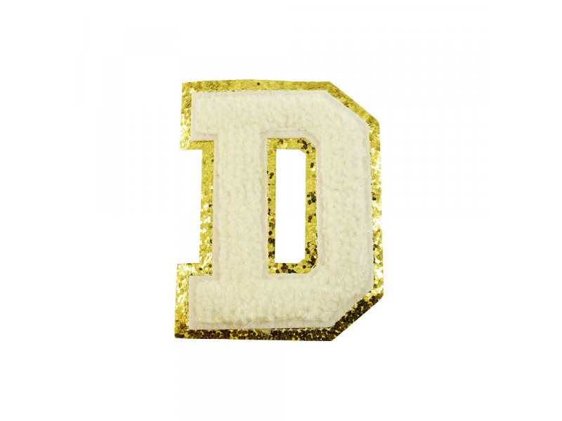 opstrijk letter D badstof off-white met goud glitter rand 8 x 8 cm