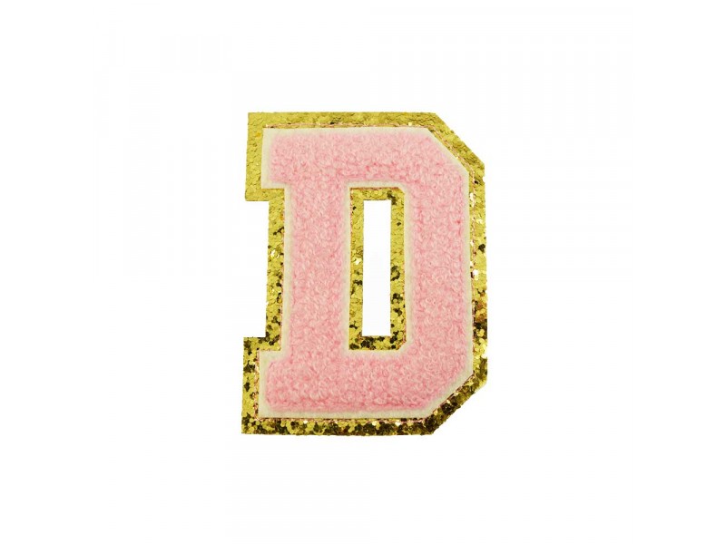 opstrijk letter D badstof roze met gouden rand  8 x 8 cm