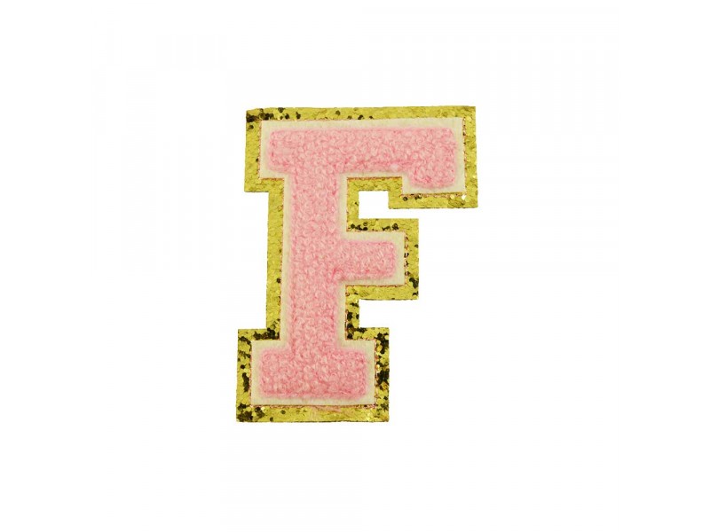 opstrijk letter F badstof roze met gouden rand  8 x 8 cm