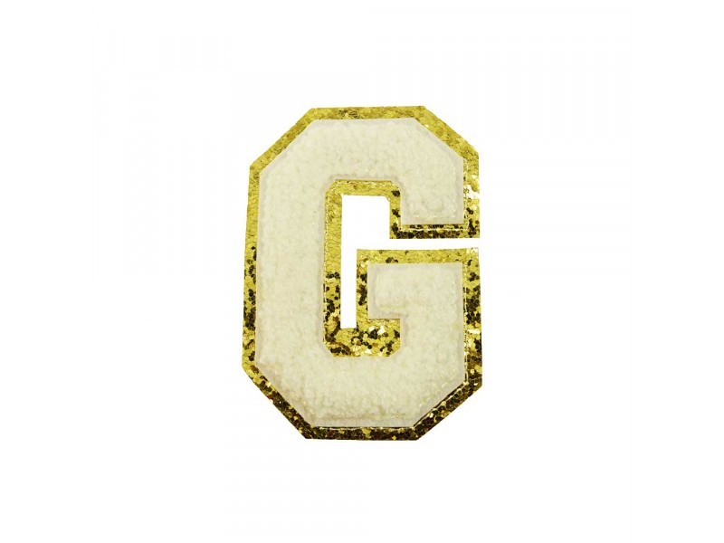 opstrijk letter G badstof off-white met goud glitter rand 8 x 8 cm