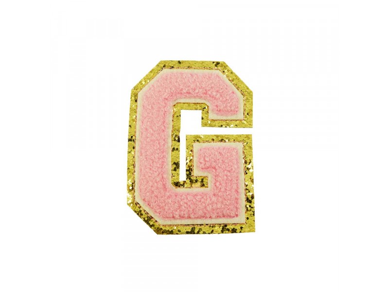 opstrijk letter G badstof roze met gouden rand  8 x 8 cm