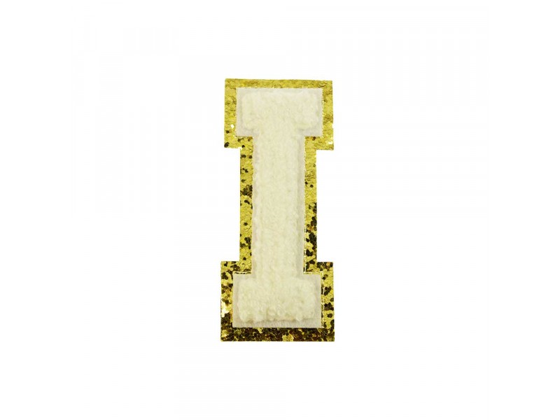 opstrijk letter i badstof off-white met goud glitter rand 8 x 8 cm