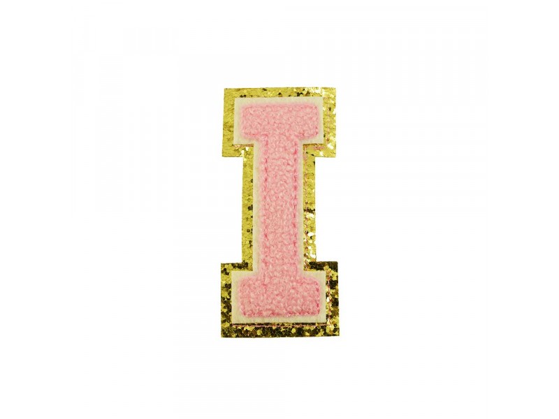  opstrijk letter i badstof roze met gouden rand 8 x 8 cm