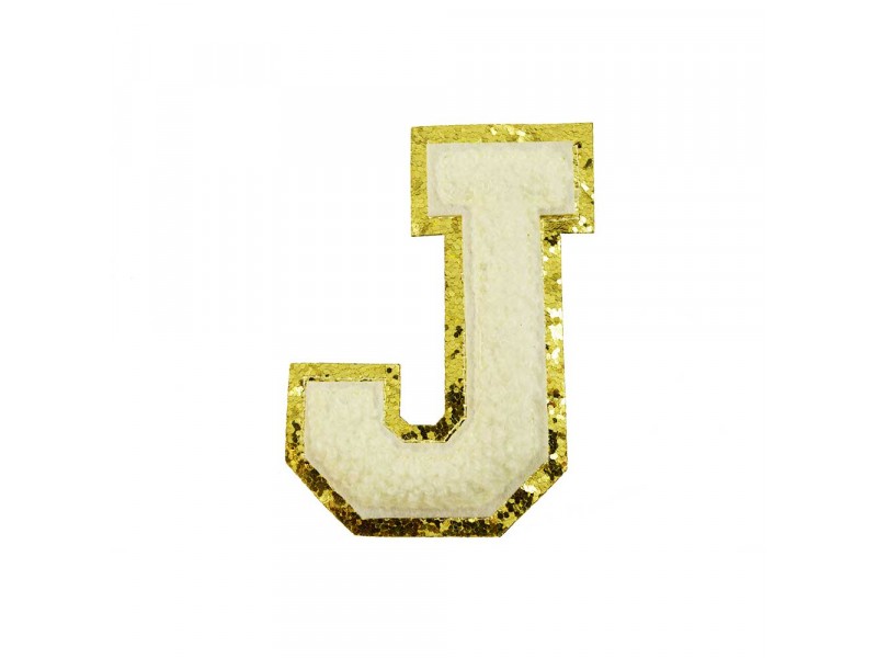 opstrijk letter J badstof off-white met goud glitter rand 8 x 8 cm