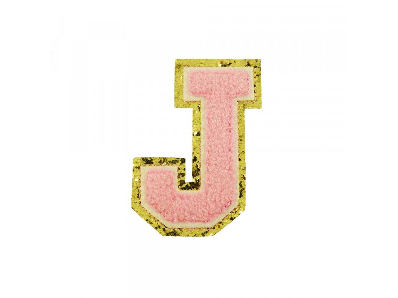  opstrijk letter J badstof roze met gouden rand 8 x 8 cm