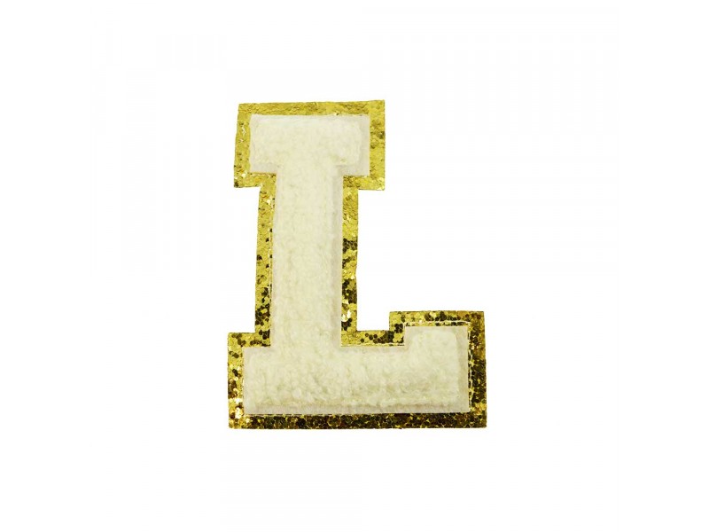 opstrijk letter L badstof off-white met goud glitter rand 8 x 8 cm
