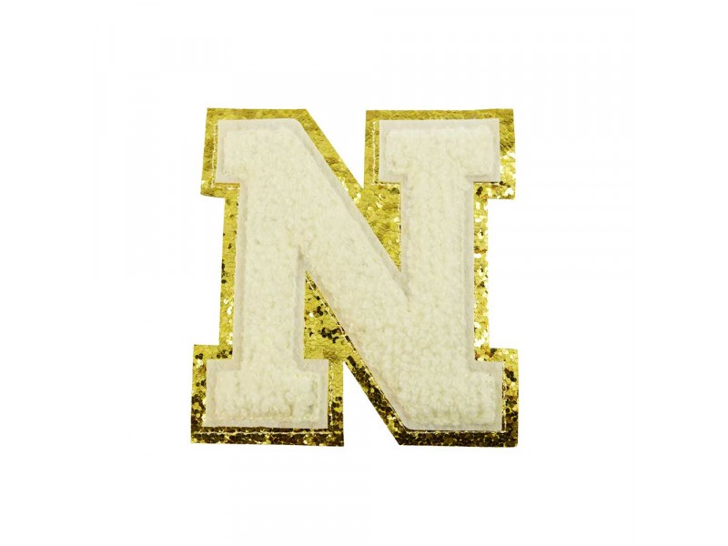 opstrijk letter N badstof off-white met goud glitter rand 8 x 8 cm