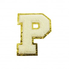 opstrijk letter P badstof off-white met goud glitter rand 8 x 8 cm