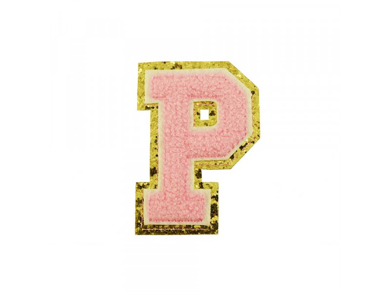opstrijk letter P badstof roze met gouden rand 8 x 8 cm