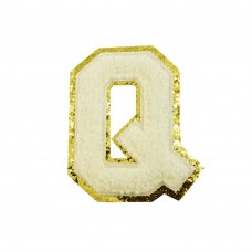 opstrijk letter Q badstof off-white met goud glitter rand 8 x 8 cm