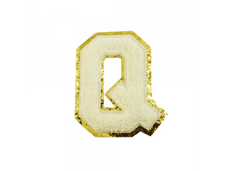 opstrijk letter Q badstof off-white met goud glitter rand 8 x 8 cm