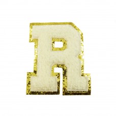 opstrijk letter R badstof off-white met goud glitter rand 8 x 8 cm