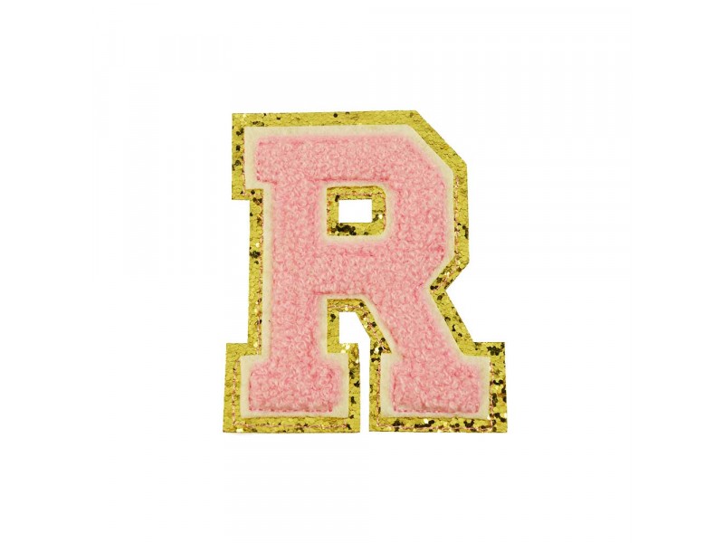  opstrijk letter R badstof roze met gouden rand 8 x 8 cm