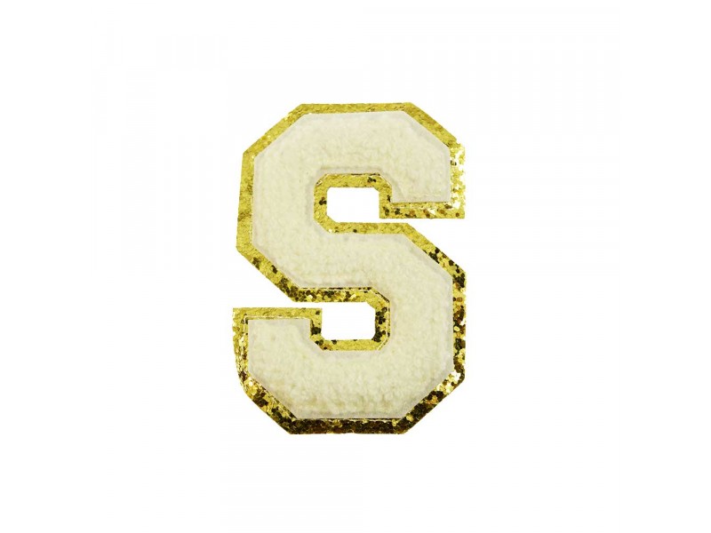 opstrijk letter S badstof off-white met goud glitter rand 8 x 8 cm
