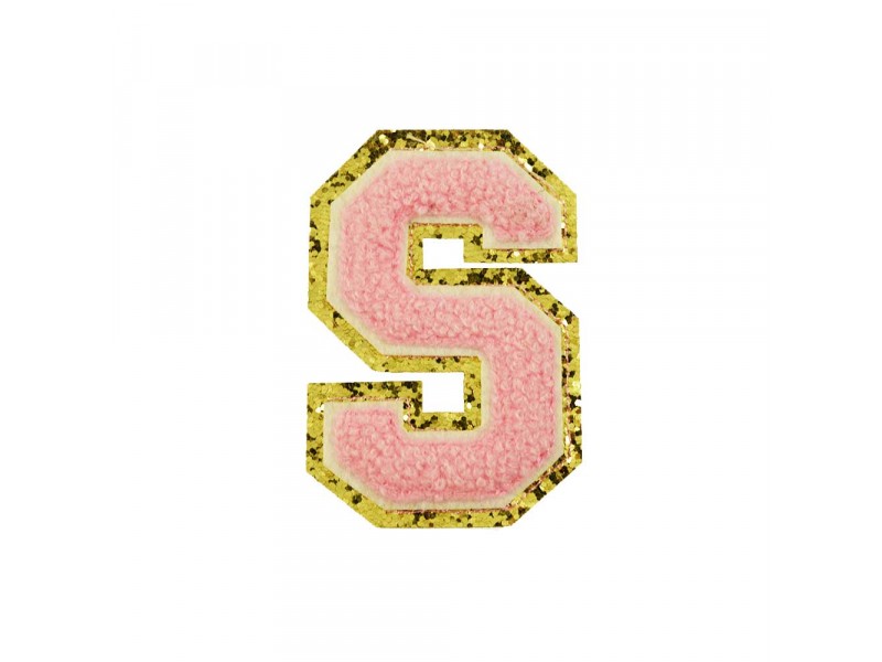  opstrijk letter S badstof roze met gouden rand 8 x 8 cm