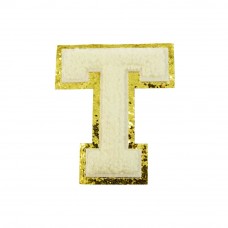 opstrijk letter T badstof off-white met goud glitter rand 8 x 8 cm