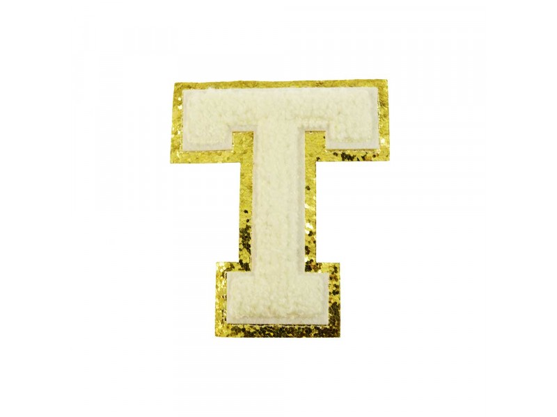 opstrijk letter T badstof off-white met goud glitter rand 8 x 8 cm