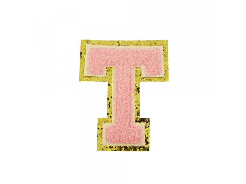 opstrijk letter T badstof roze met gouden rand 8 x 8 cm