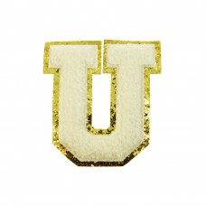 opstrijk letter U badstof off-white met goud glitter rand 8 x 8 cm