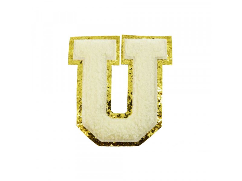 opstrijk letter U badstof off-white met goud glitter rand 8 x 8 cm
