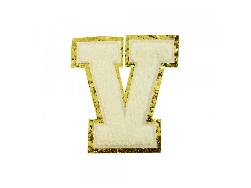 opstrijk letter V badstof off-white met goud glitter rand 8 x 8 cm