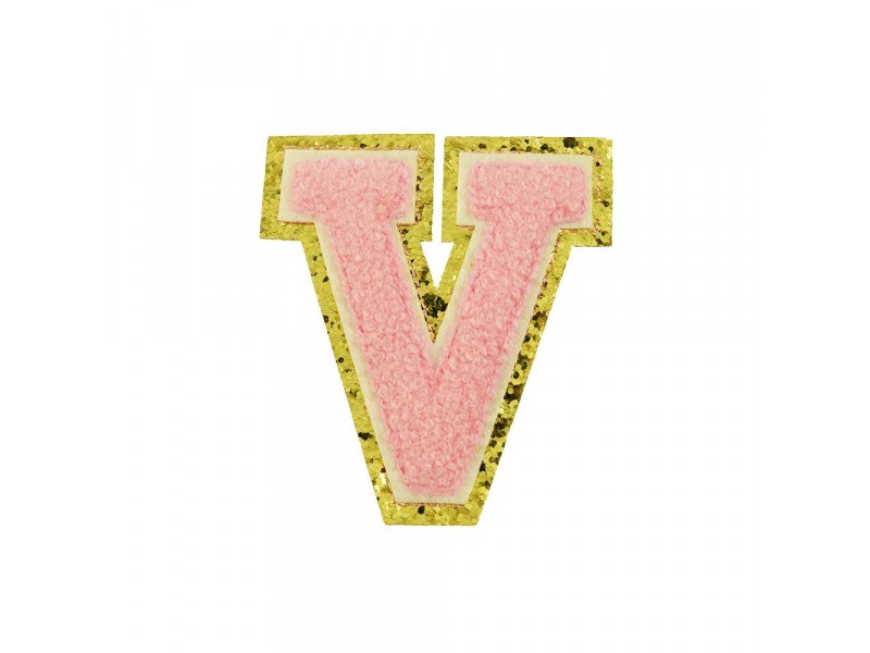  opstrijk letter V badstof roze met gouden rand 8 x 8 cm