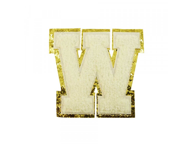 opstrijk letter W badstof off-white met goud glitter rand 8 x 8 cm