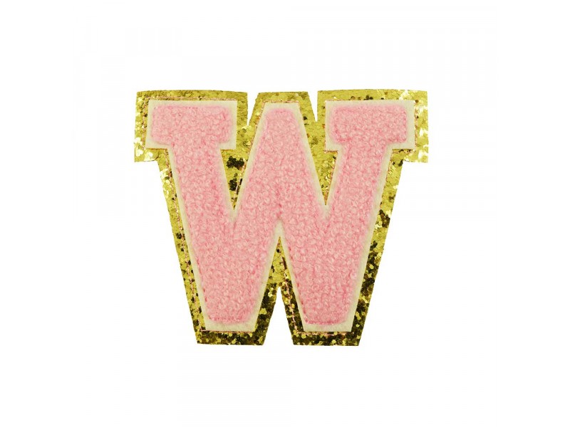 opstrijk letter W badstof roze met gouden rand 8 x 8 cm