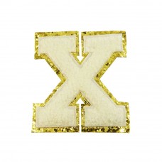 opstrijk letter X badstof off-white met goud glitter rand 8 x 8 cm