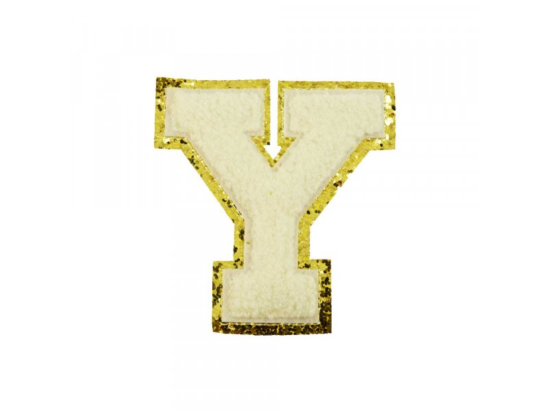 opstrijk letter Y badstof off-white met goud glitter rand 8 x 8 cm