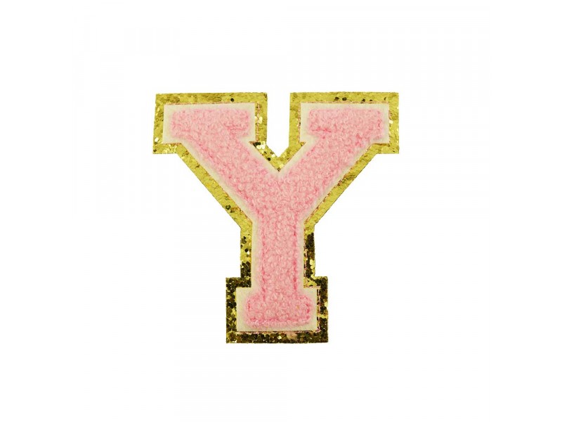 opstrijk letter Y badstof roze met gouden rand 8 x 8 cm