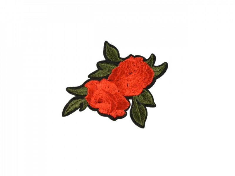 applicatie geborduurde rode bloemen met groen blad