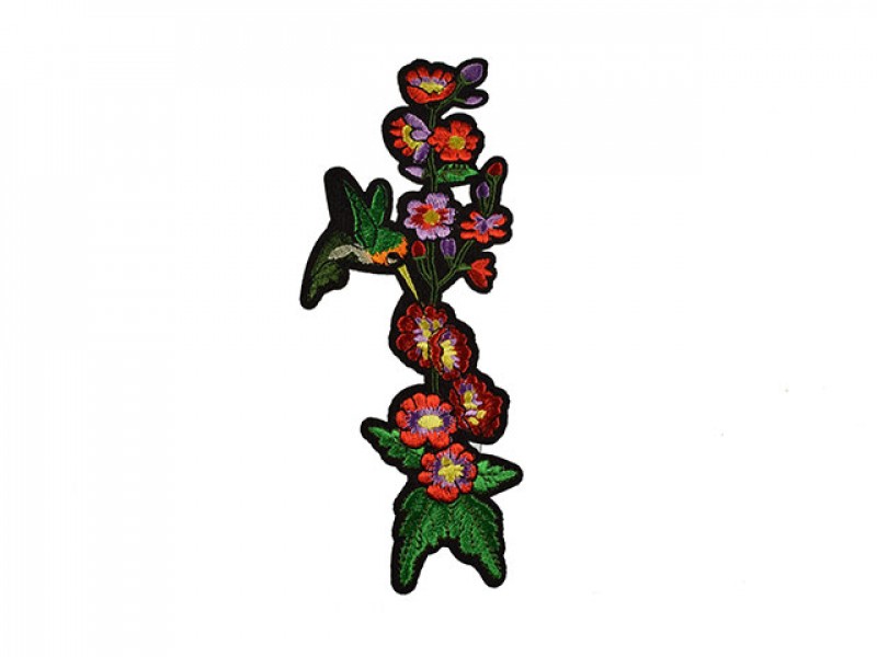 applicatie rode bloemen met kolibri