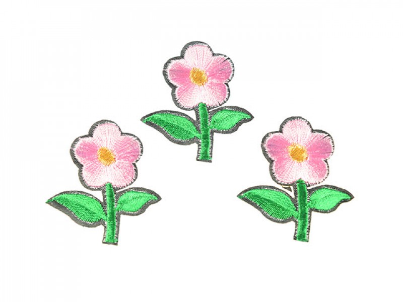 bloem applicatie geborduurd fel groen roze klein (3 stuks)
