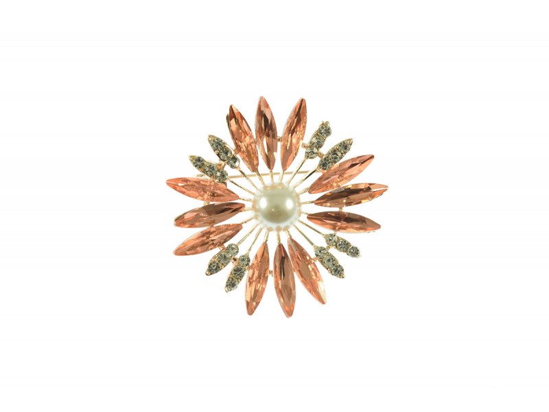bloem broche bewerkt met strass steentjes zalm roze