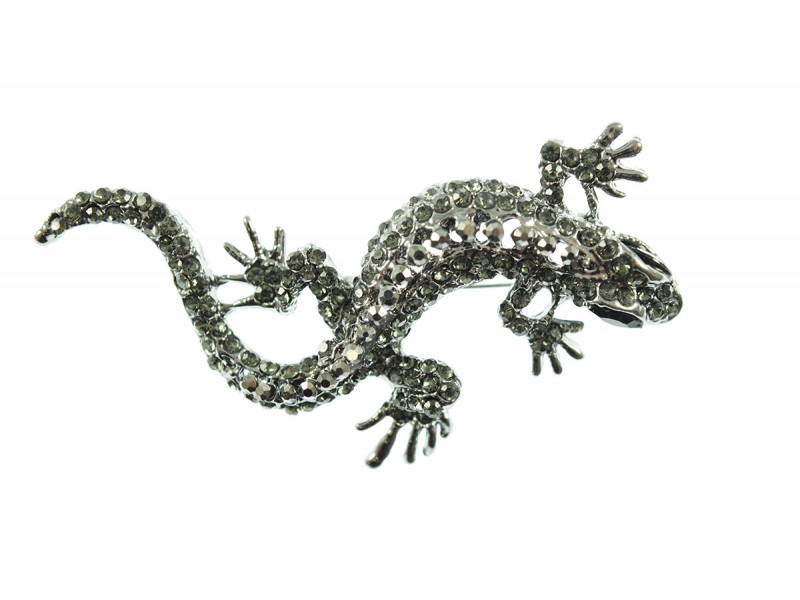 hagedis broche bewerkt met strass steentjes donker zilver