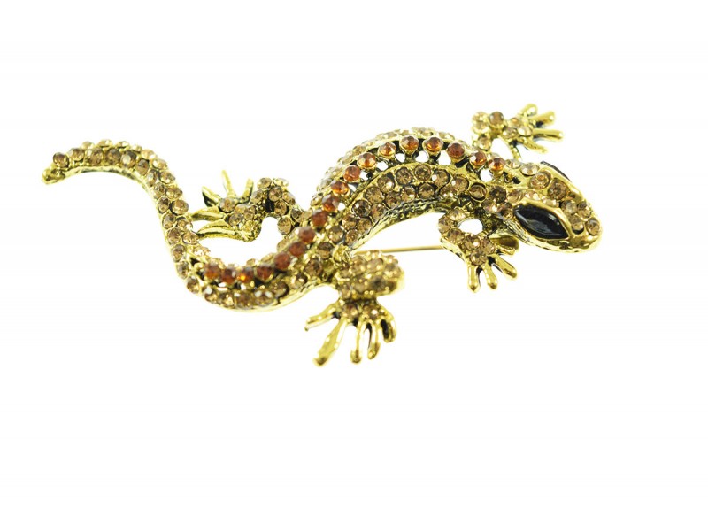hagedis broche bewerkt met strass steentjes goud